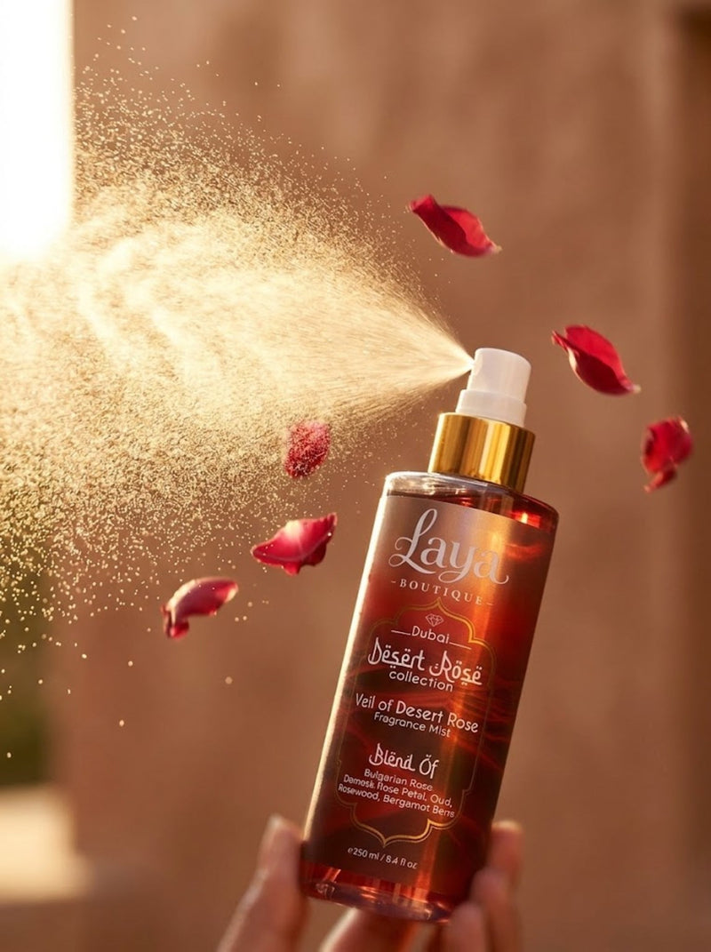 Veil of Desert Rose fragrance mist spraying with rose petals